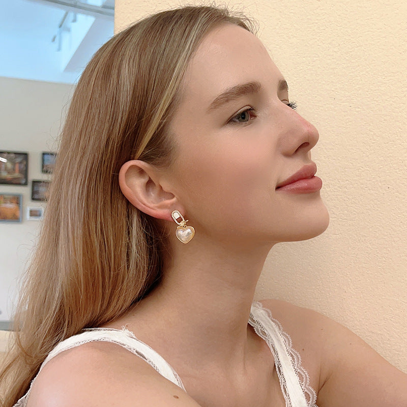 Heart-shaped Pearl Zircon Drop Earrings – with S925 Silver Posts