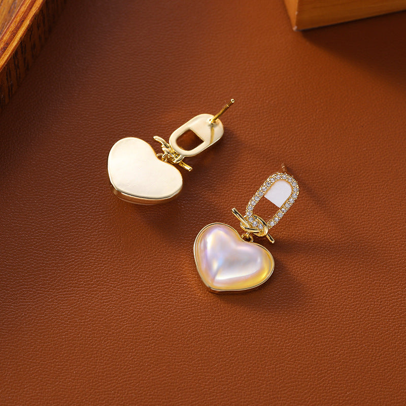 Heart-shaped Pearl Zircon Drop Earrings – with S925 Silver Posts