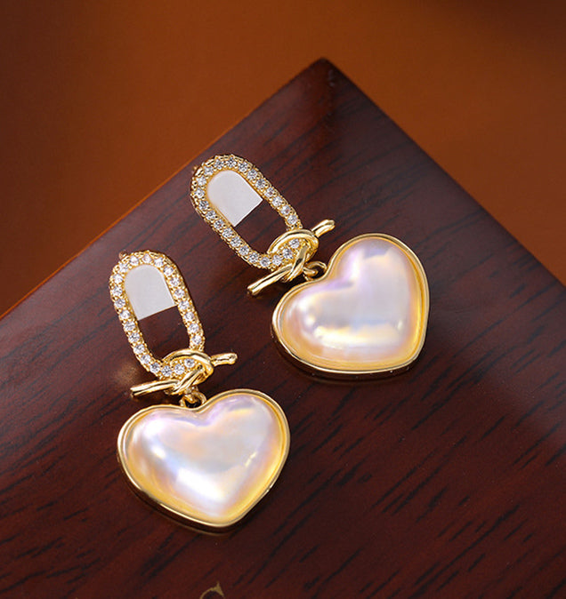Heart-shaped Pearl Zircon Drop Earrings – with S925 Silver Posts