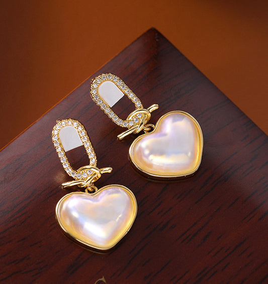 Heart-shaped Pearl Zircon Drop Earrings – with S925 Silver Posts