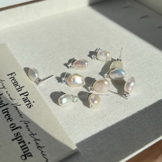 Baroque Freshwater Pearl Stud Earrings with Diamond - Elegant Pearl Jewelry for Women