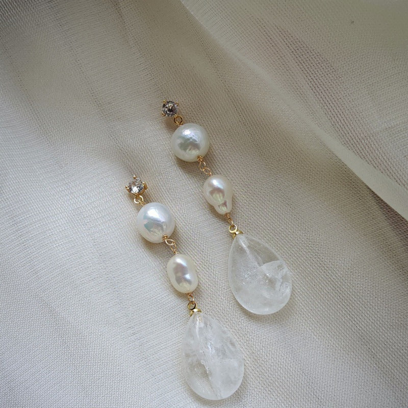 Baroque Teardrop Earrings with Freshwater Pearls & White Crysta for Women