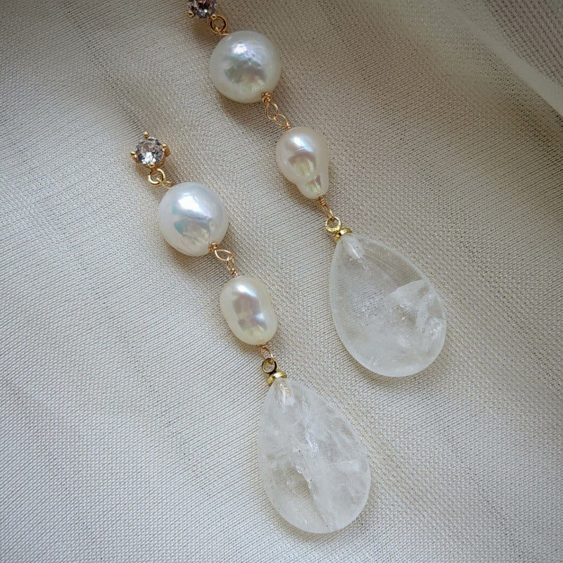 Baroque Teardrop Earrings with Freshwater Pearls & White Crysta for Women