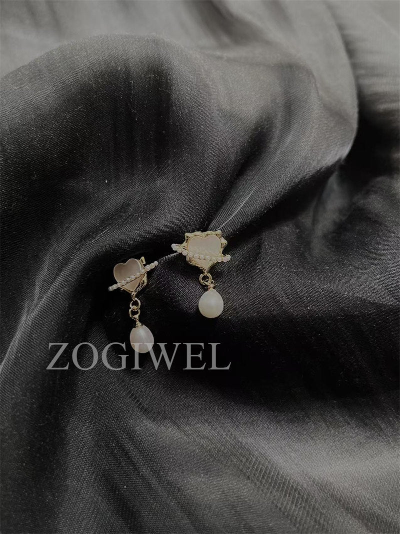 Freshwater Teardrop Pearl & Heart Mother of Pearl Drop Earrings