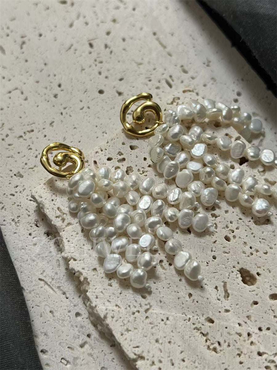 Baroque Rice Pearl Cluster Drop Earrings