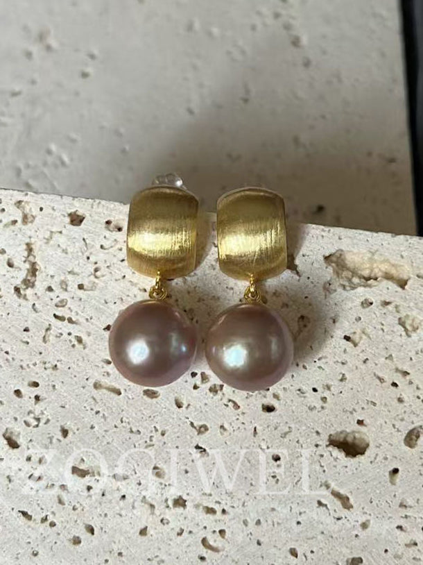Purple Pearl Drop Gold Earrings