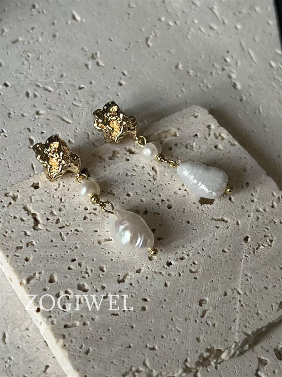 Baroque Pearl Drop Earrings with Gold Accents