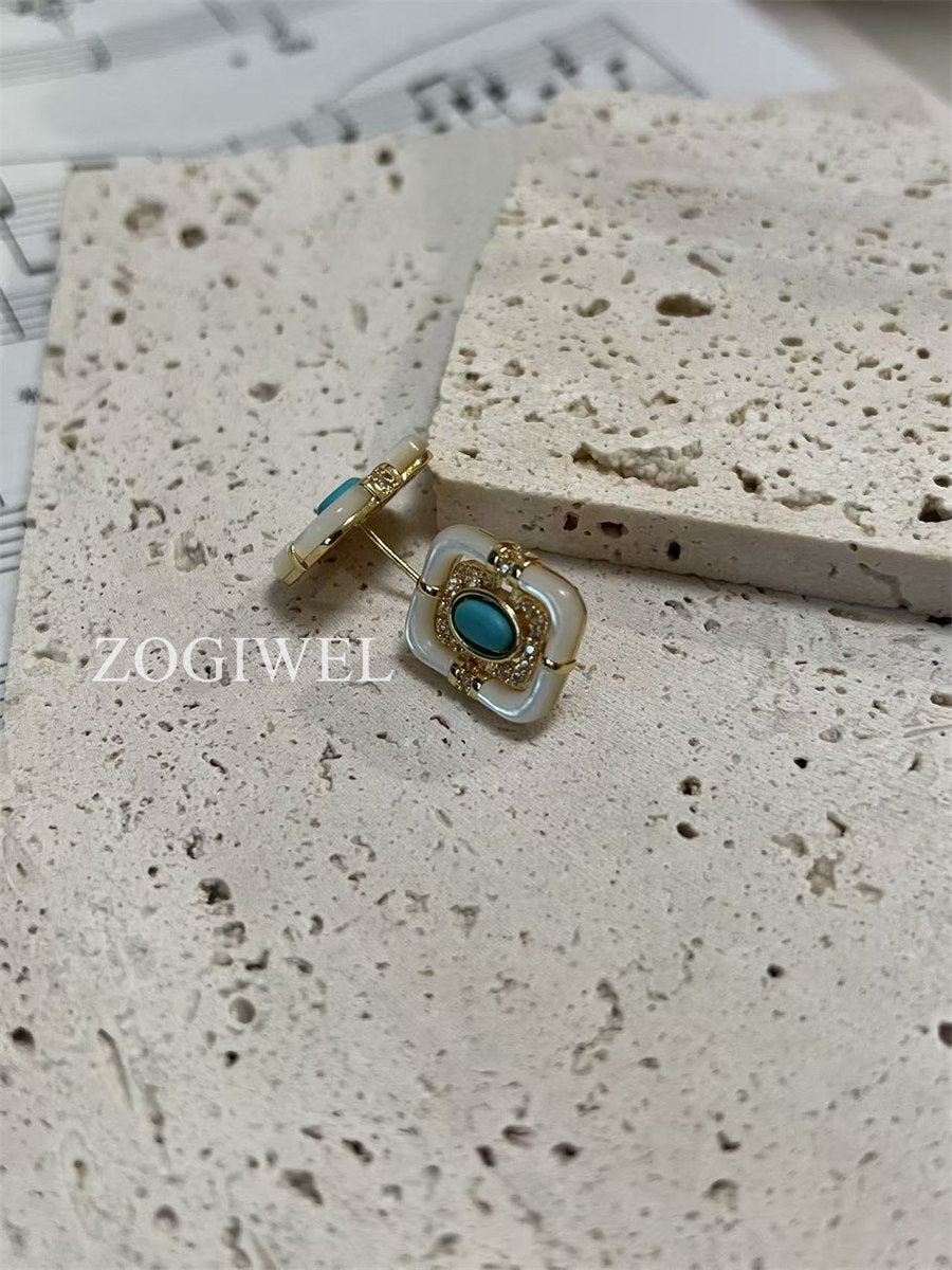Turquoise & Mother of Pearl Stud Earrings with Gold Accents