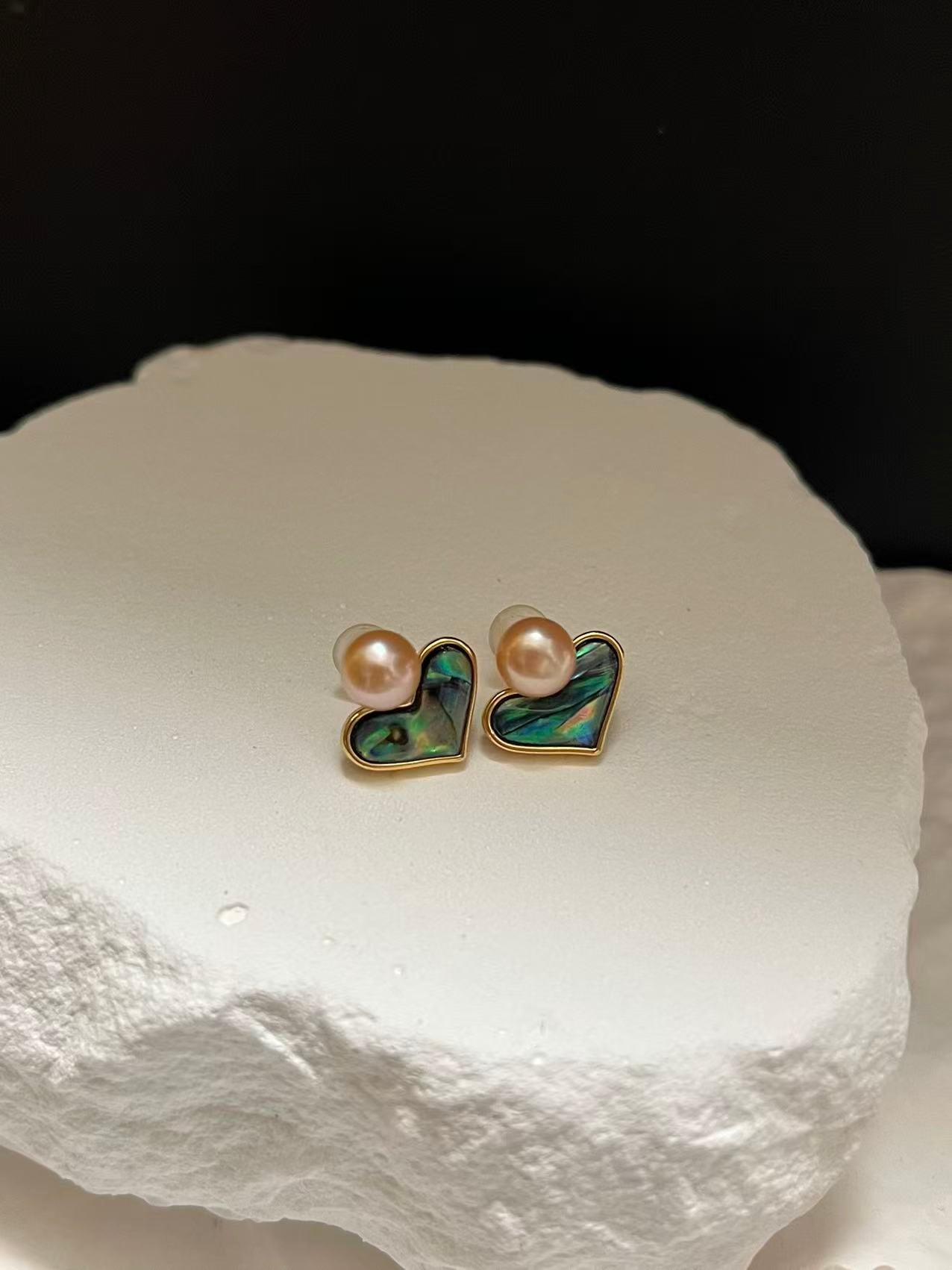 Abalone Shell Heart Drop Earrings with Freshwater Pearl