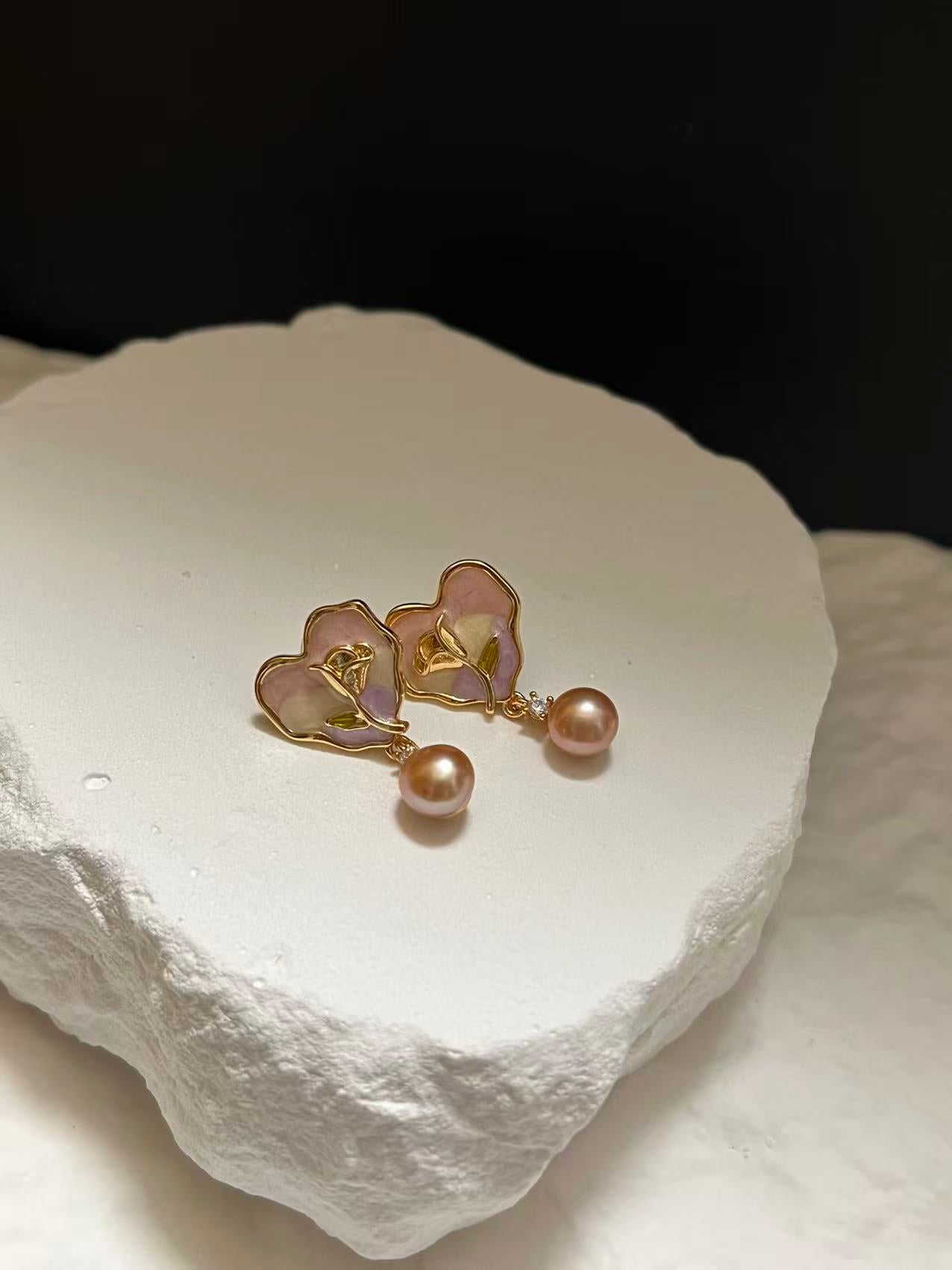 Rose Heart Drop Earrings with Freshwater Pearl