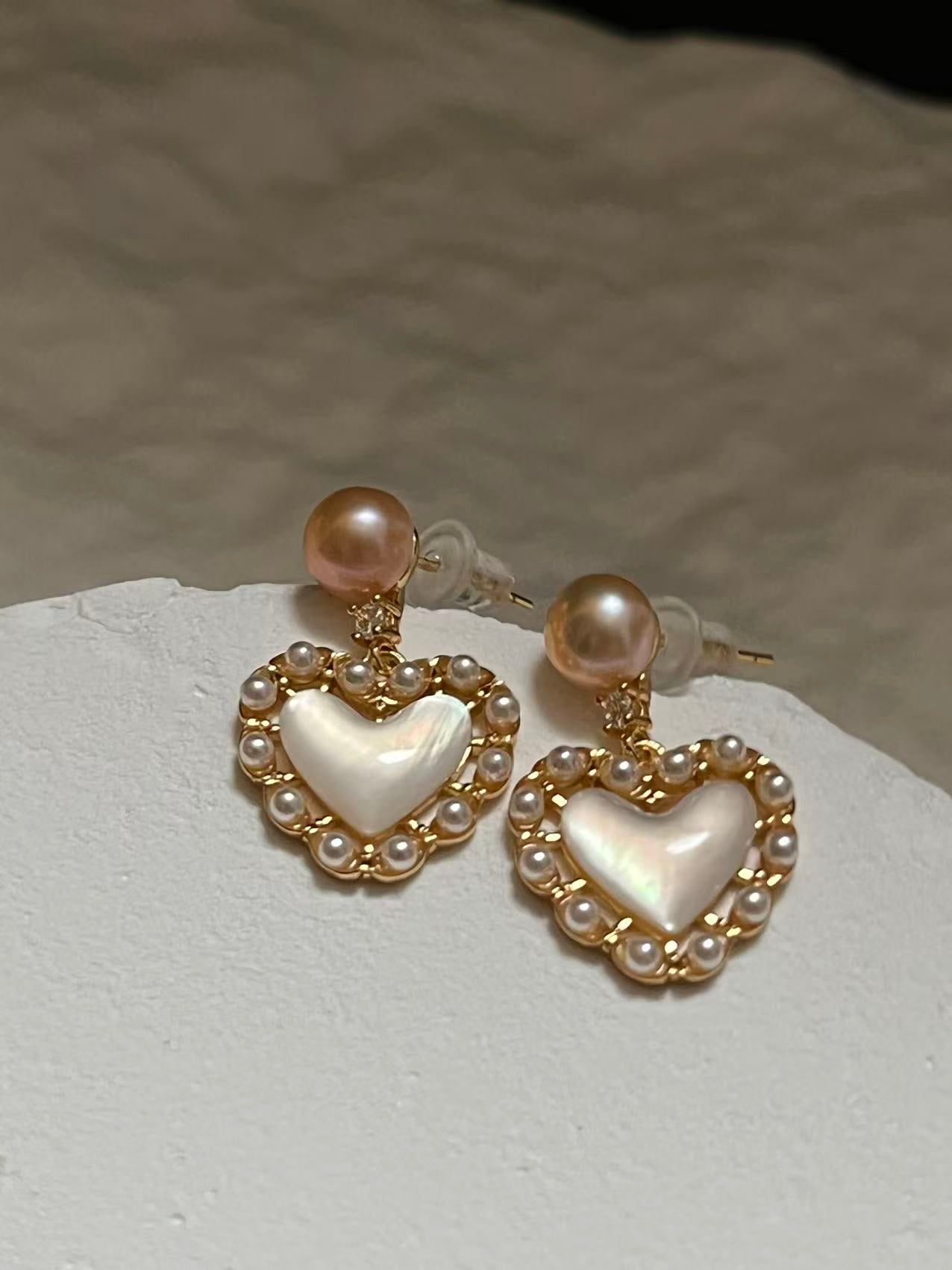 Mother of Pearl Heart Drop Earrings with Freshwater Pearl