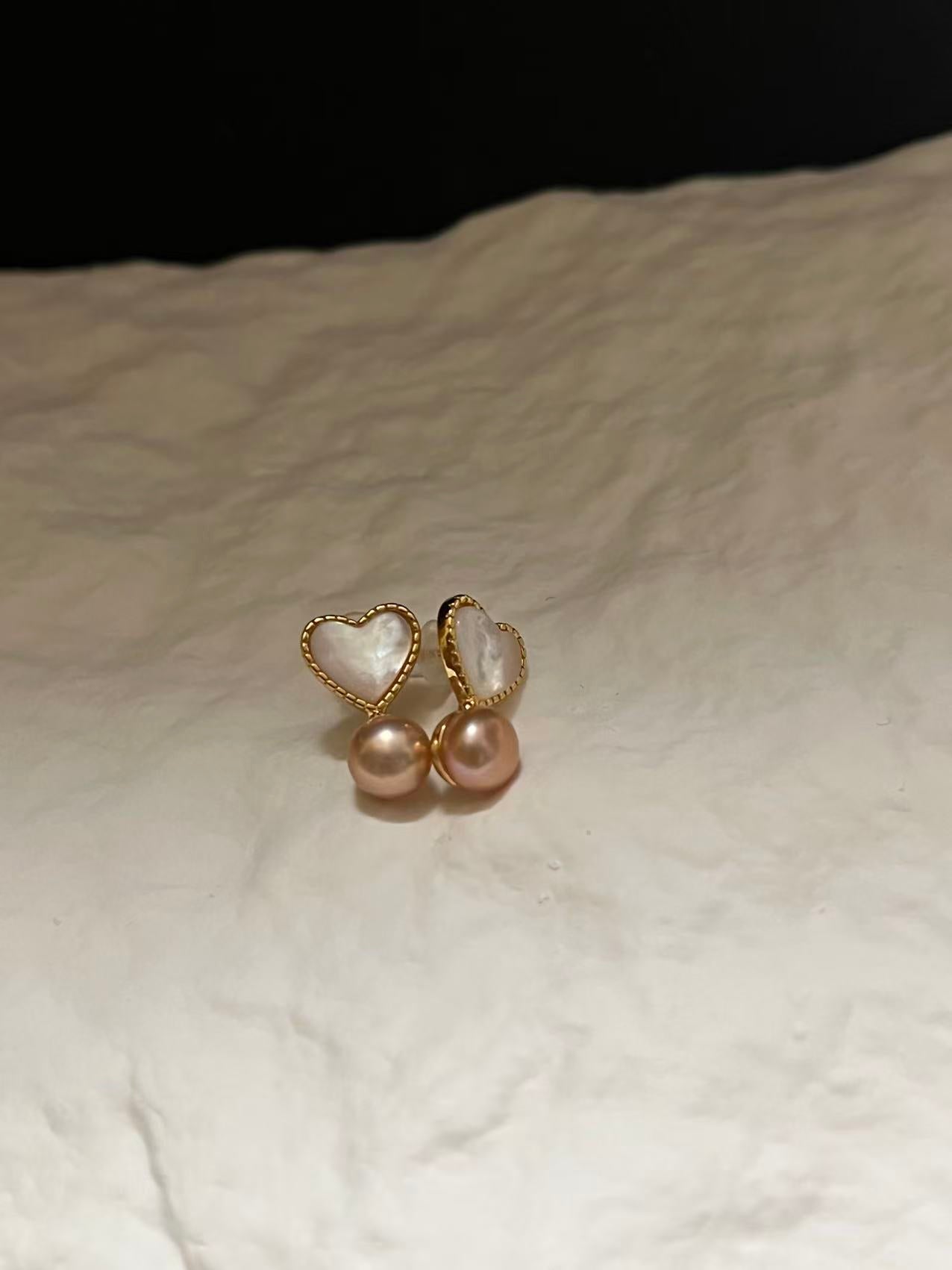 Delicate Mother of Pearl Heart Drop Earrings with Freshwater Pearl