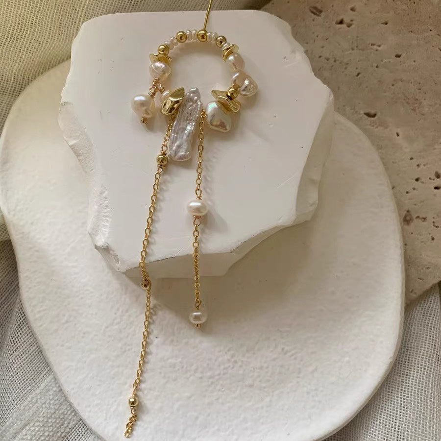 Freshwater Gold Baroque Pearl Long Drop Hoop Earrings