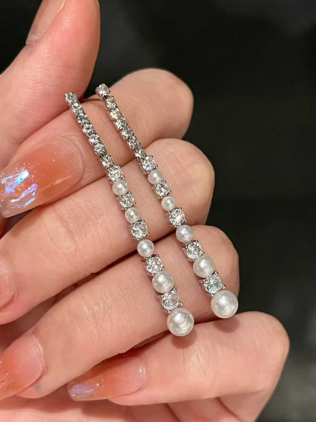 Long Freshwater Pearl Drop Earrings with Zircon