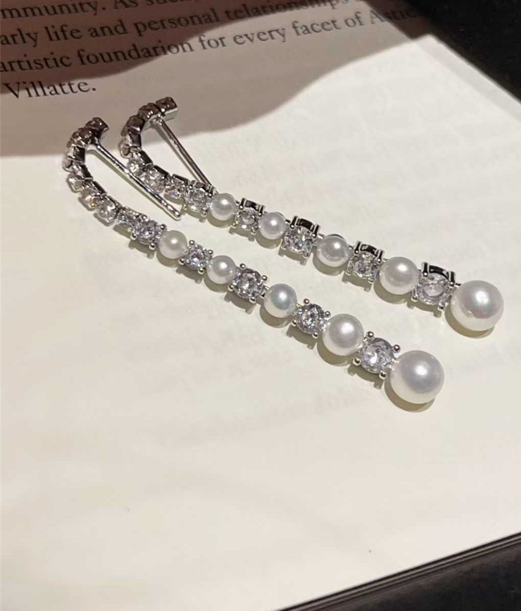 Long Freshwater Pearl Drop Earrings with Zircon