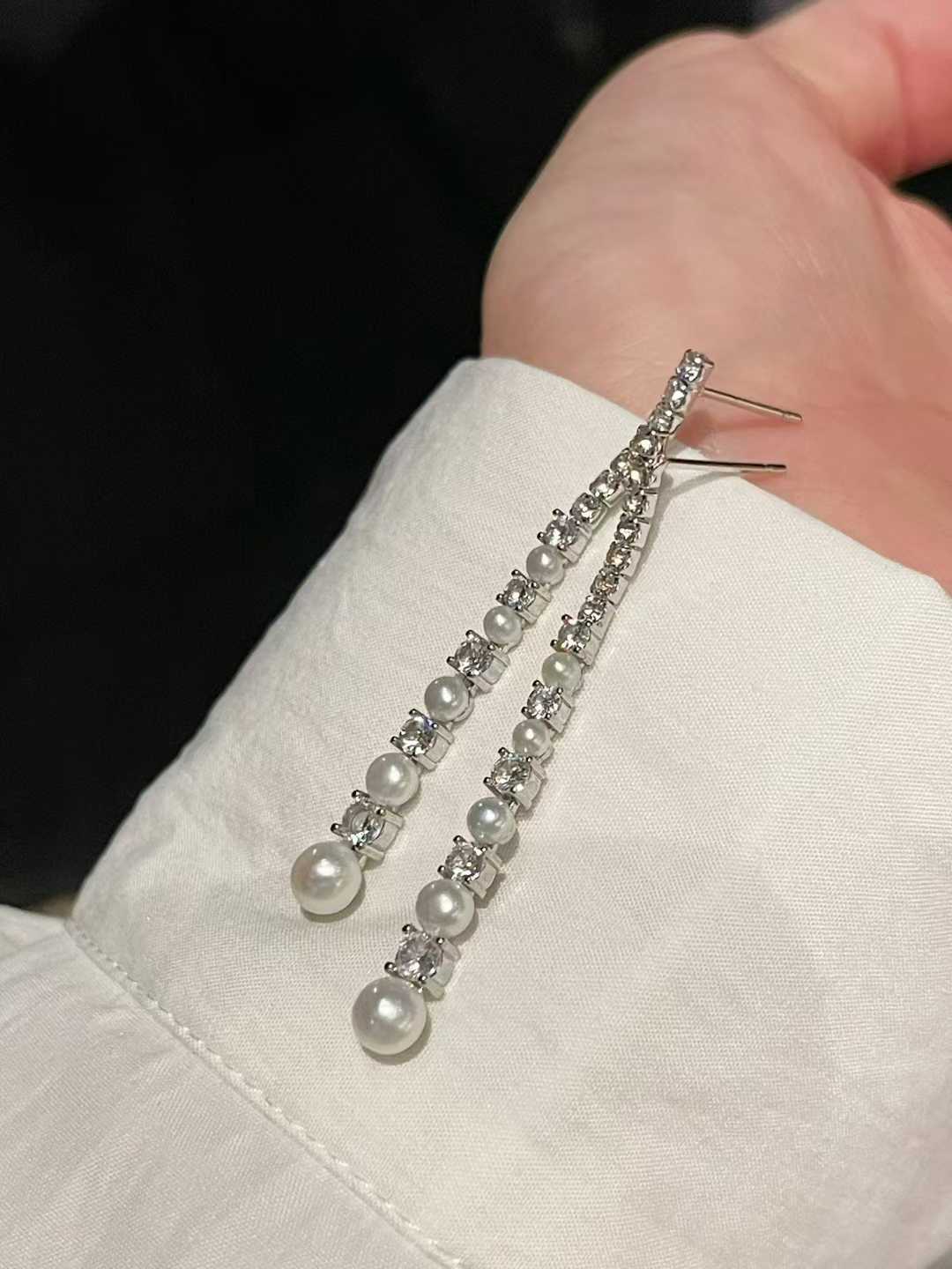 Long Freshwater Pearl Drop Earrings with Zircon