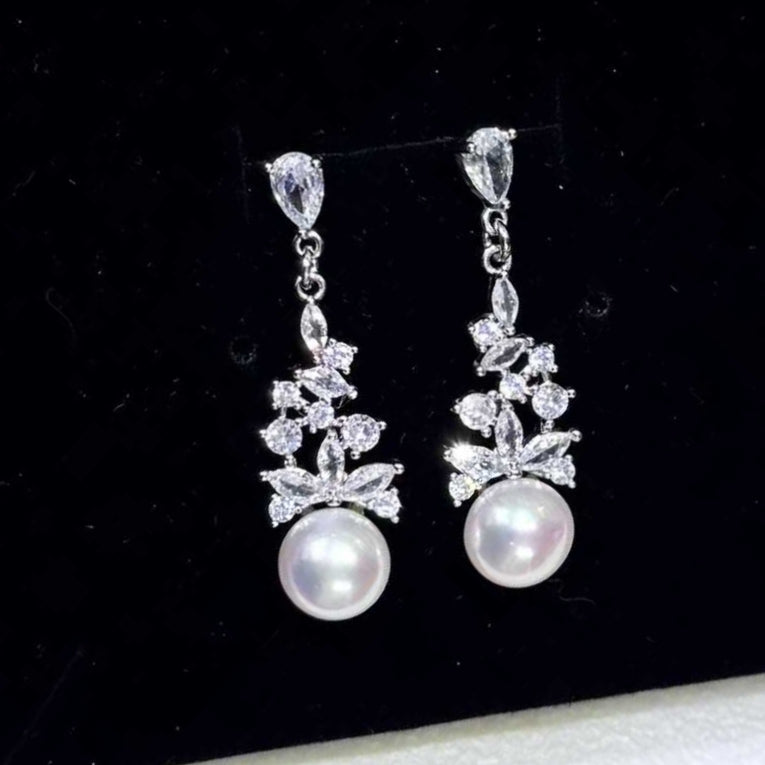 Freshwater Pearl Drop Earrings with Flower-Shaped Zircon