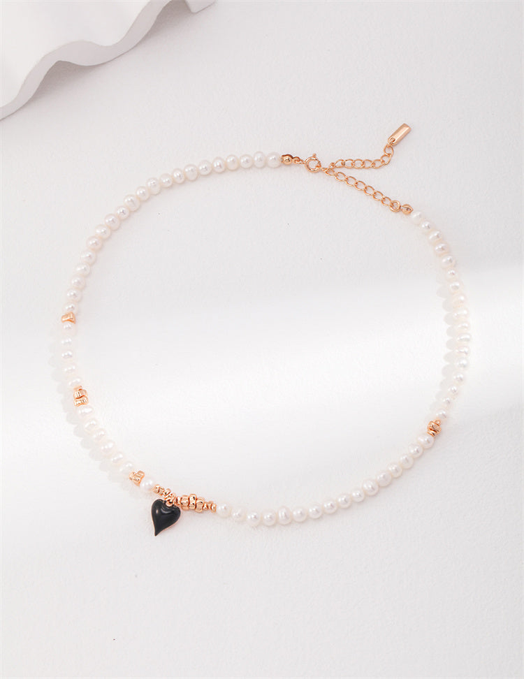 S925 Silver Black Heart Pearl Cluster Necklace