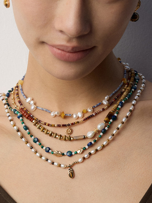 Vintage Malachite, Lapis & Mother-of-Pearl Beaded Necklace – 925 Sterling Silver