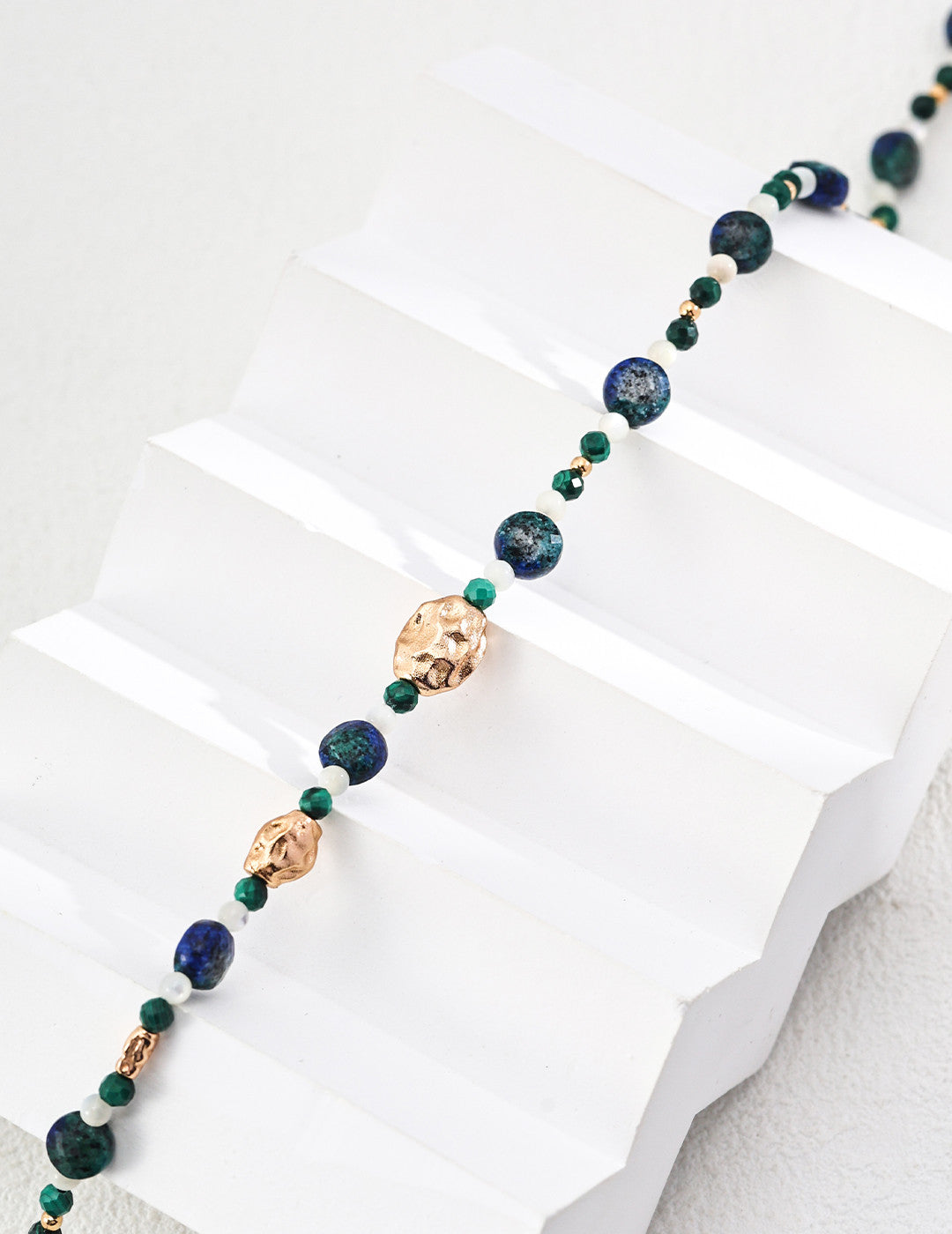 Vintage Malachite, Lapis & Mother-of-Pearl Beaded Necklace – 925 Sterling Silver