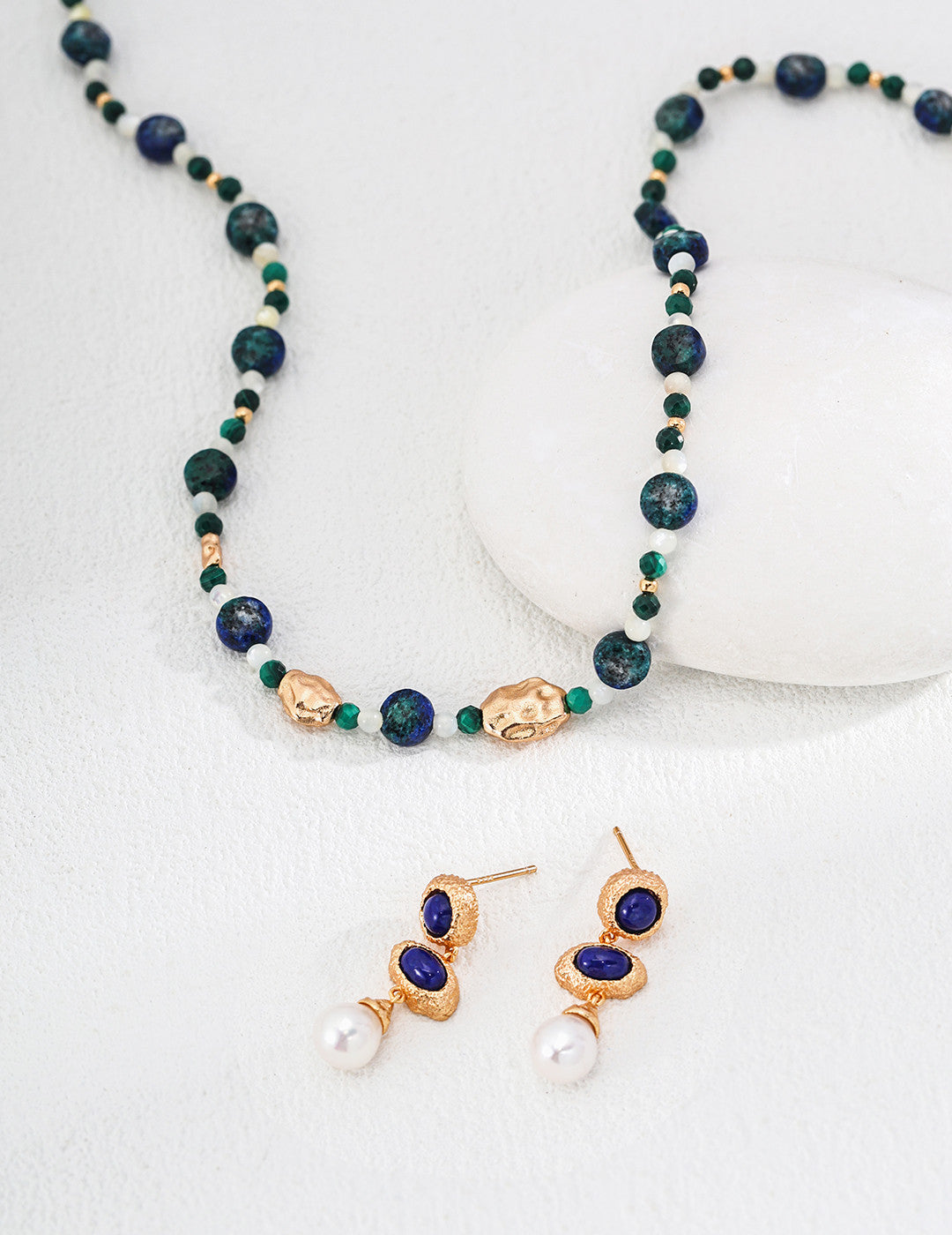 Vintage Malachite, Lapis & Mother-of-Pearl Beaded Necklace – 925 Sterling Silver