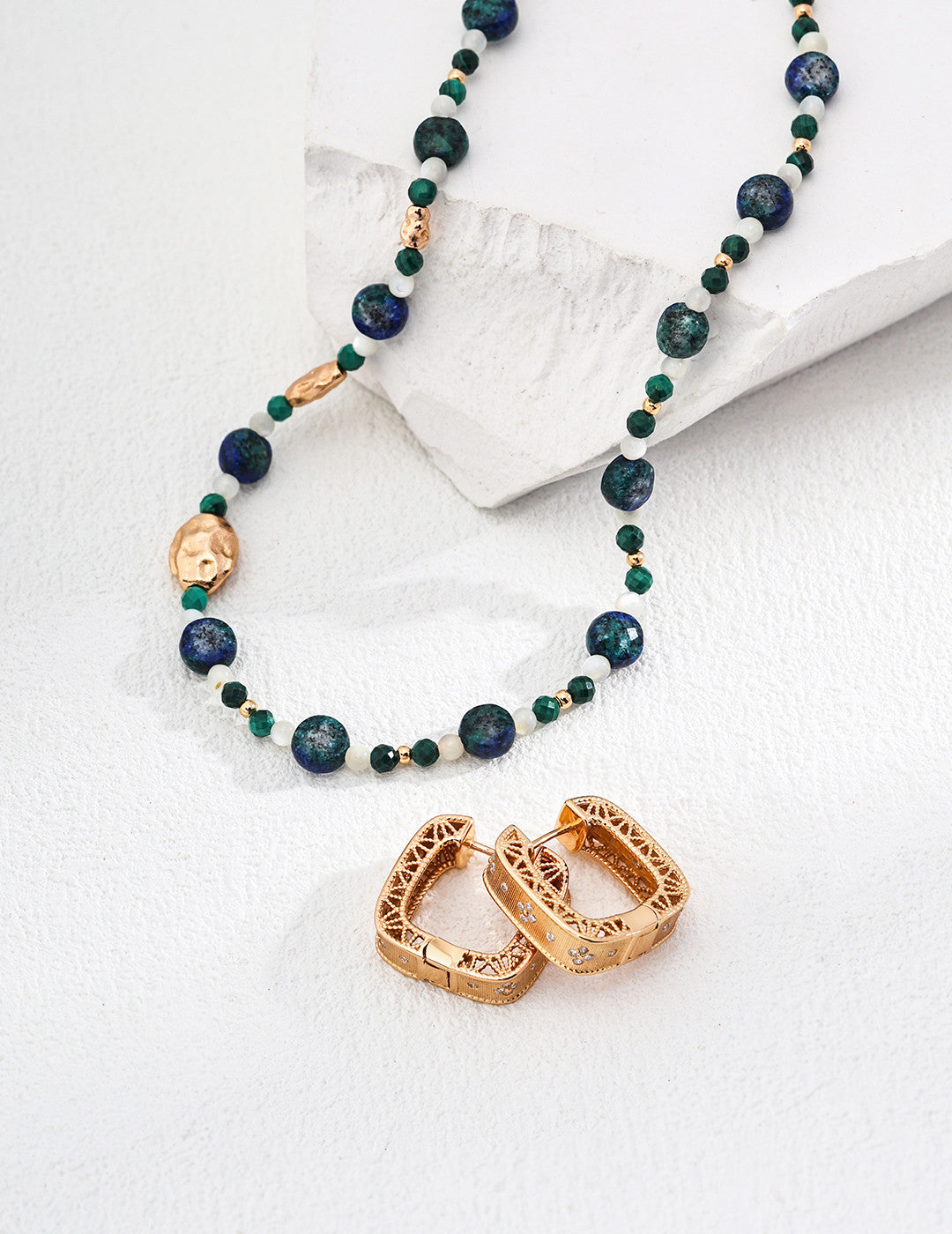 Vintage Malachite, Lapis & Mother-of-Pearl Beaded Necklace – 925 Sterling Silver