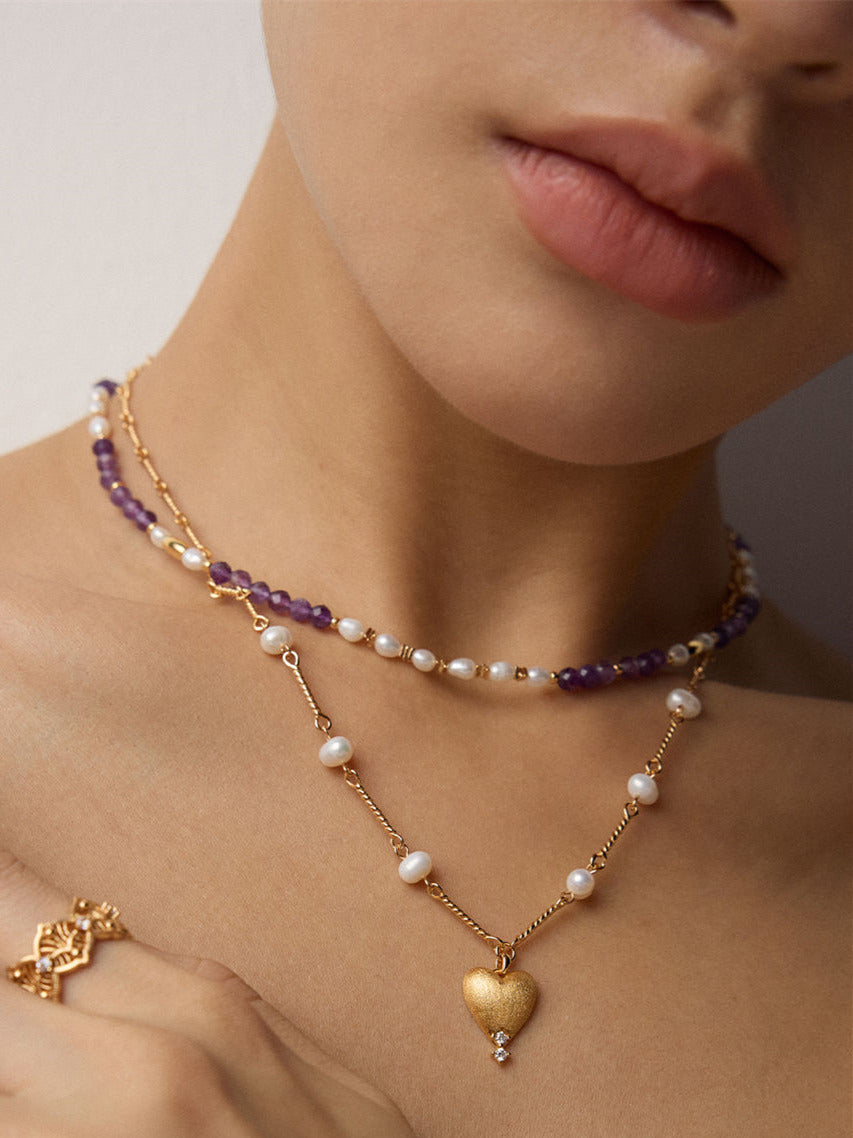 Minimalist Pearl & Matte Heart Pendant Necklace for Date/Gift