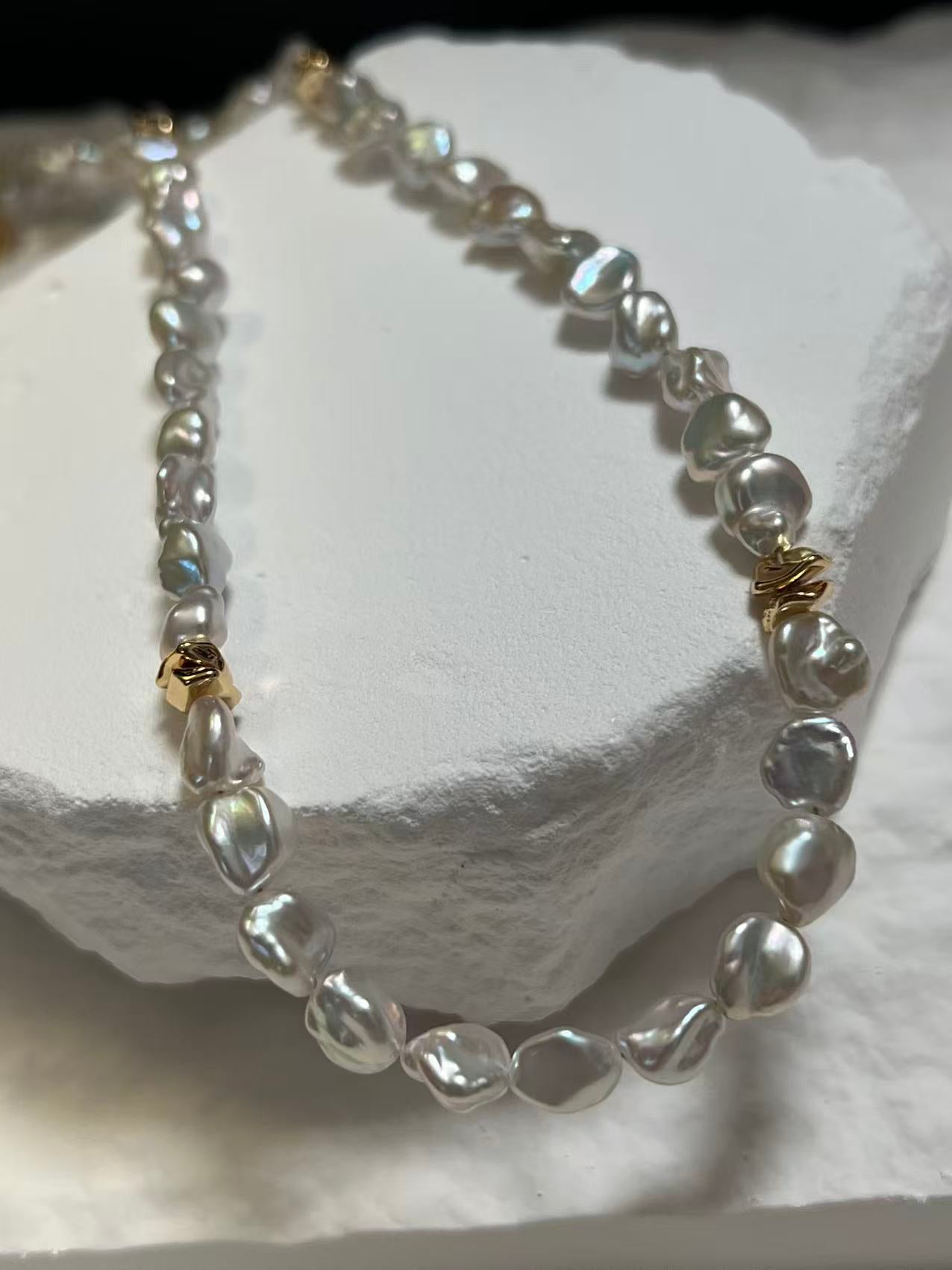 Freshwater Keshi Pearl Beaded Necklace with Gold Accents