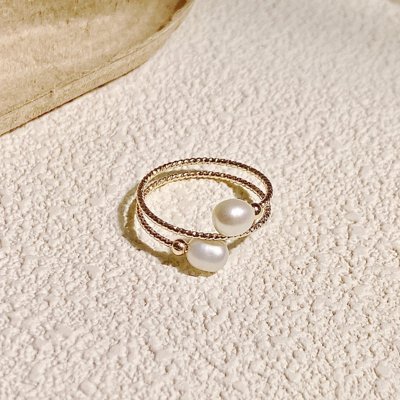 Minimalist Double-Layer Freshwater Pearl Adjustable Gold Ring