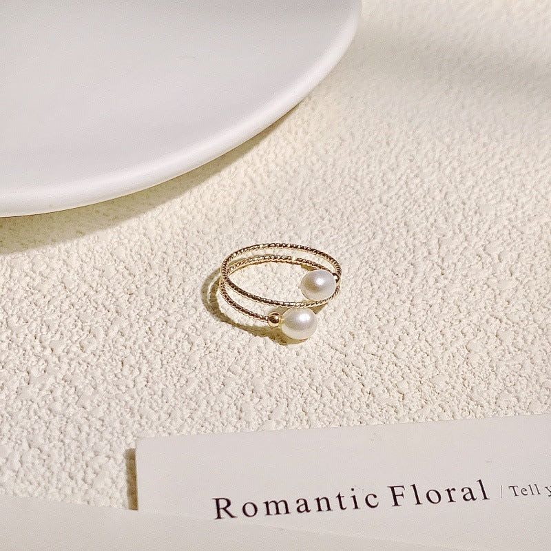 Minimalist Double-Layer Freshwater Pearl Adjustable Gold Ring