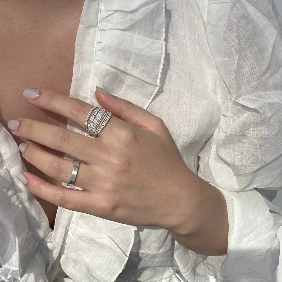 Adjustable Multi-Layer Starburst Textured Ring in Silver