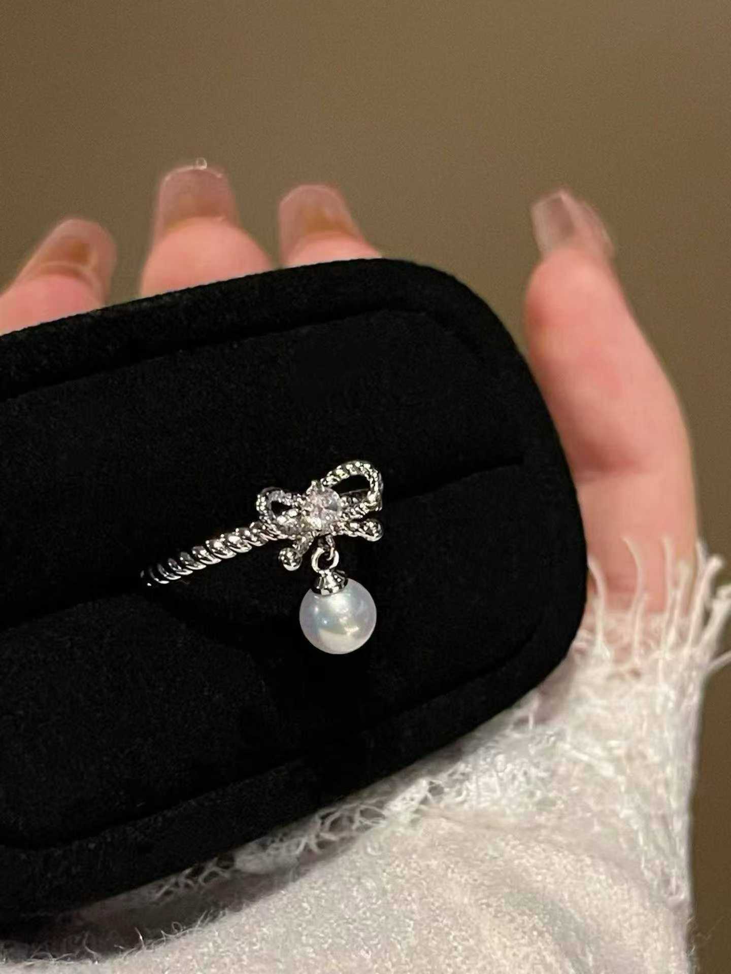 Bow Freshwater Pearl Adjustable Ring with Zircon