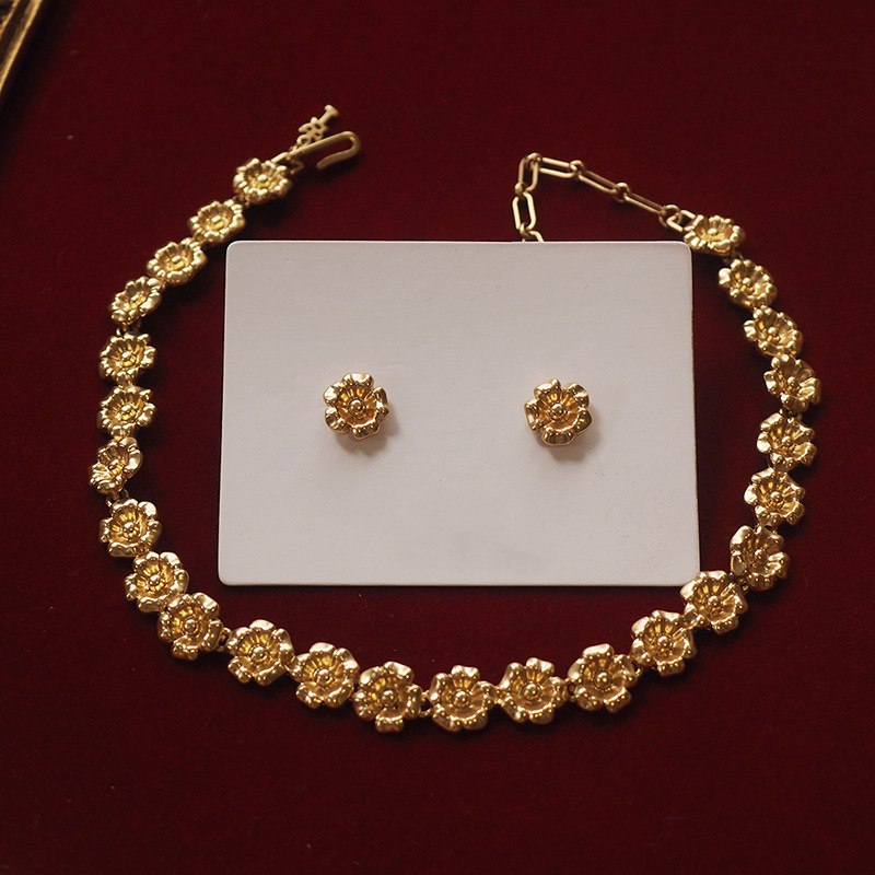 Vintage Camellia Gold Flower Jewelry Set – Gold-Plated Earrings & Necklace