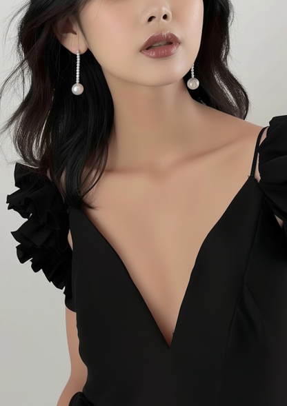 Classic Round Freshwater Pearl Long Drop Earrings with Zircon