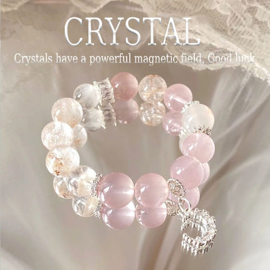Healing Moon & Star Pink Rose Quartz and Clear Crystal Bracelet
