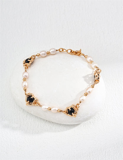 S925 Sterling Silber Vintage Armband mit Naturperlen und schwarzem Onyx – verstellbare Kette
