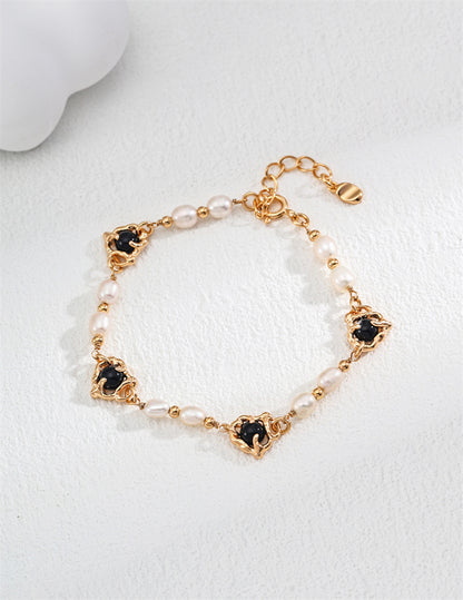 S925 Sterling Silber Vintage Armband mit Naturperlen und schwarzem Onyx – verstellbare Kette
