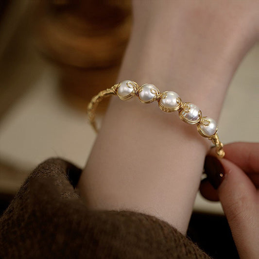 Braided Baroque Pearl Open Bangle – Adjustable Gold-Tone Luxury Design
