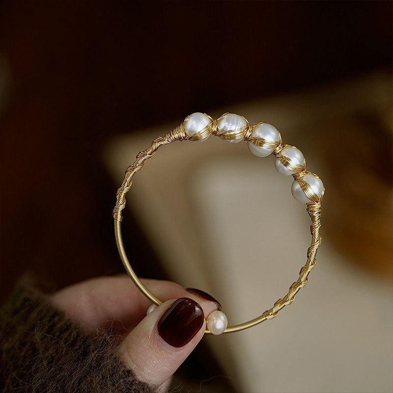 Braided Baroque Pearl Open Bangle – Adjustable Gold-Tone Luxury Design