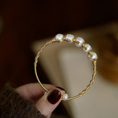 Braided Baroque Pearl Open Bangle – Adjustable Gold-Tone Luxury Design