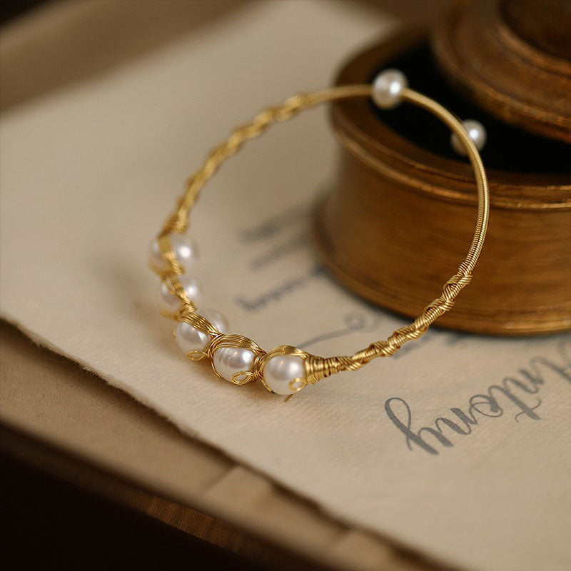 Braided Baroque Pearl Open Bangle – Adjustable Gold-Tone Luxury Design