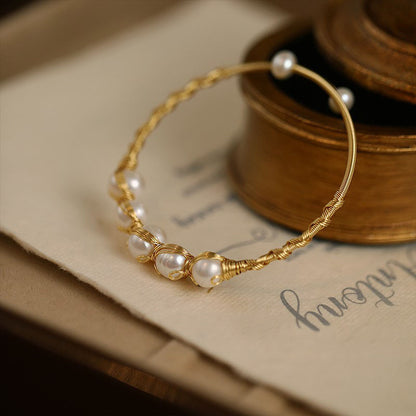 Braided Baroque Pearl Open Bangle – Adjustable Gold-Tone Luxury Design