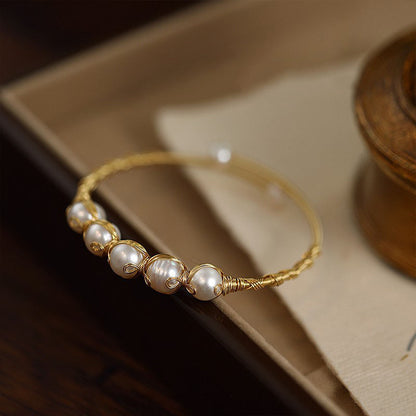 Braided Baroque Pearl Open Bangle – Adjustable Gold-Tone Luxury Design