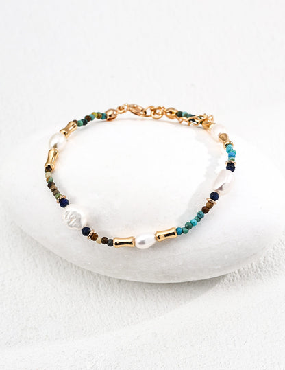 Vintage Pearl, Lapis Lazuli & Turquoise Bracelet – 925 Sterling Silver for Birthday Gift