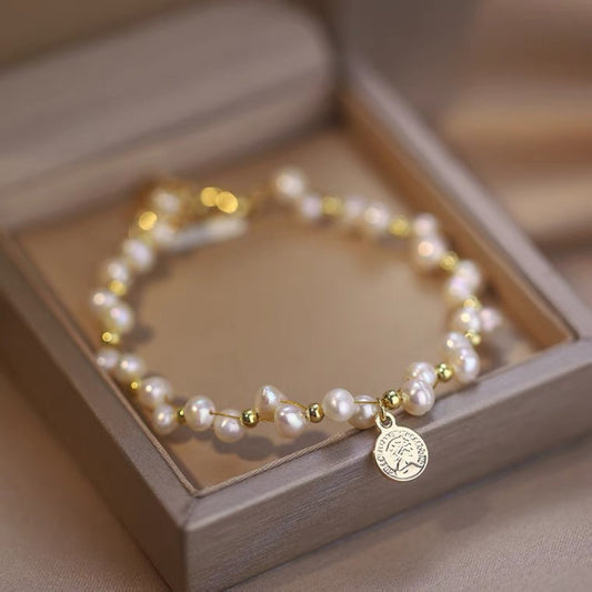 Natural Baroque Freshwater Pearl Bracelet with Portrait Charm