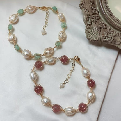 Freshwater Pearl & Tourmaline/Strawberry Quartz Adjustable Bracelet
