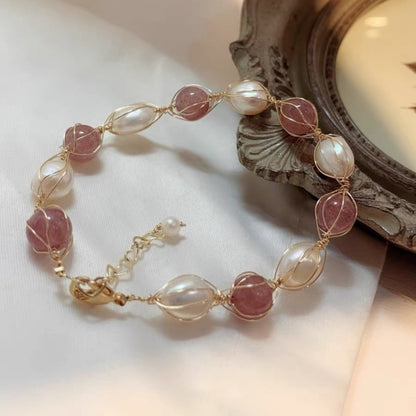 Freshwater Pearl & Tourmaline/Strawberry Quartz Adjustable Bracelet