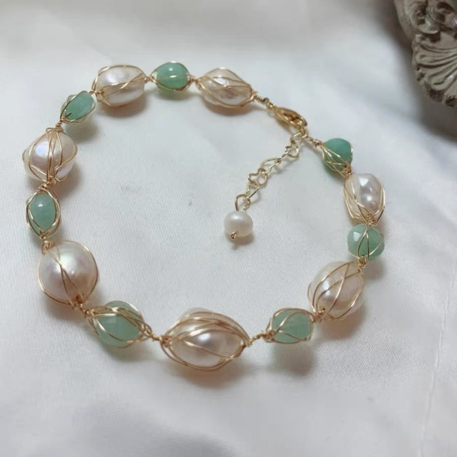 Freshwater Pearl & Tourmaline/Strawberry Quartz Adjustable Bracelet