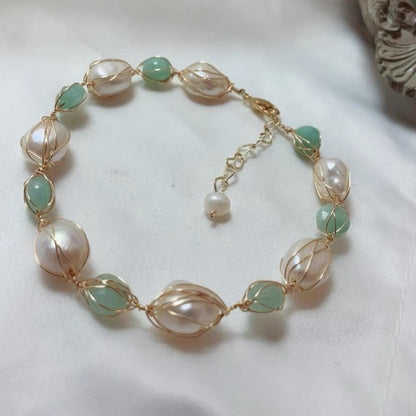 Freshwater Pearl & Tourmaline/Strawberry Quartz Adjustable Bracelet