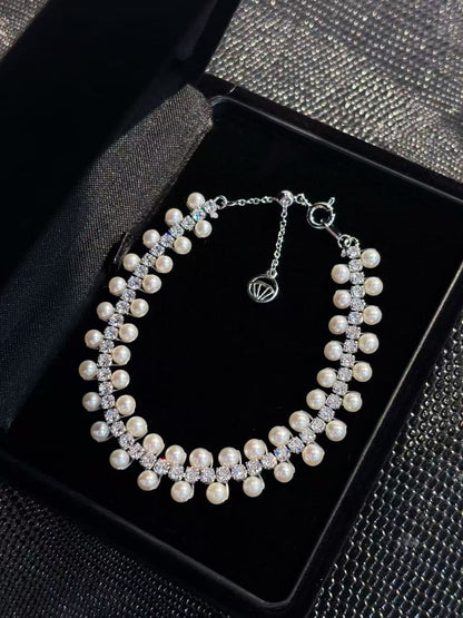 Freshwater Pearl & Zircon  Lace Bracelet Adjustable Bracelet
